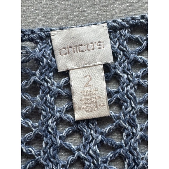 Chico's Women's Sz 2 Blue Open Knit Crochet Asymmetrical Hem Sweater - Picture 4 of 7